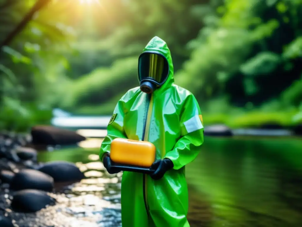 Persona con traje hazmat en bosque, destaca importancia de higiene en supervivencia