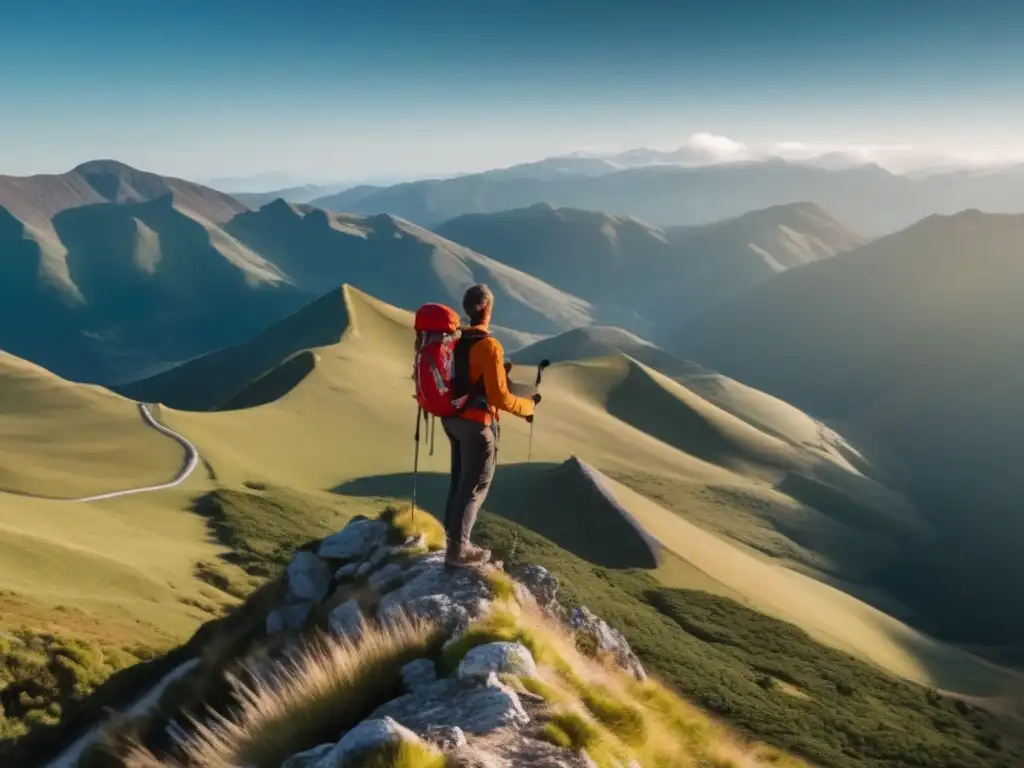 Hiker en montaña con mapa y brújula, paisaje impresionante de naturaleza salvaje