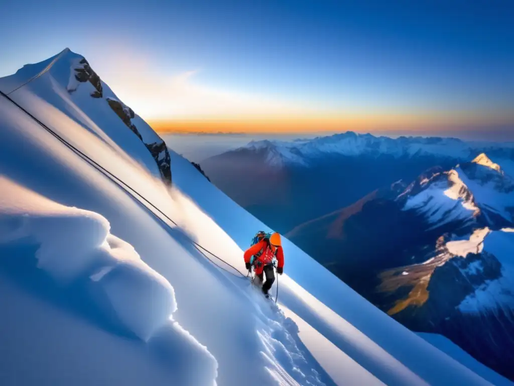 Montañista escalando pico nevado con determinación - Importancia de la disciplina para la supervivencia