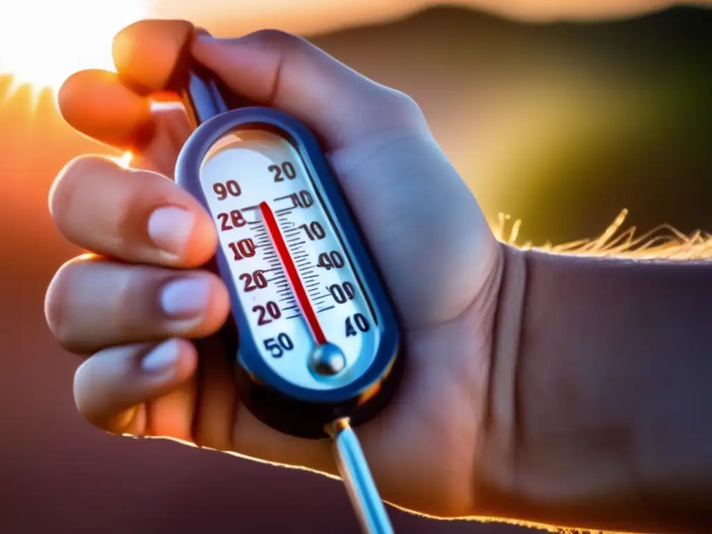 Persona sosteniendo termómetro bajo sol abrasador, expresando importancia de preparación ante calor extremo