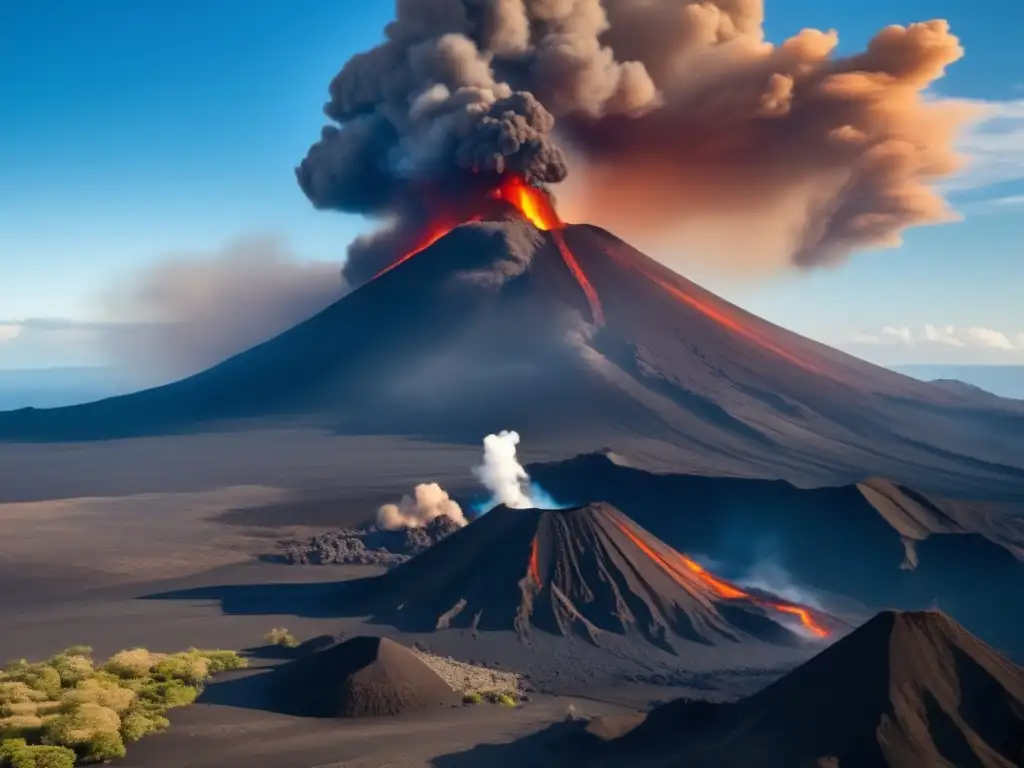 Refugios en regiones volcánicas: imagen impactante de una belleza agreste con un volcán activo, personas construyendo un refugio resistente