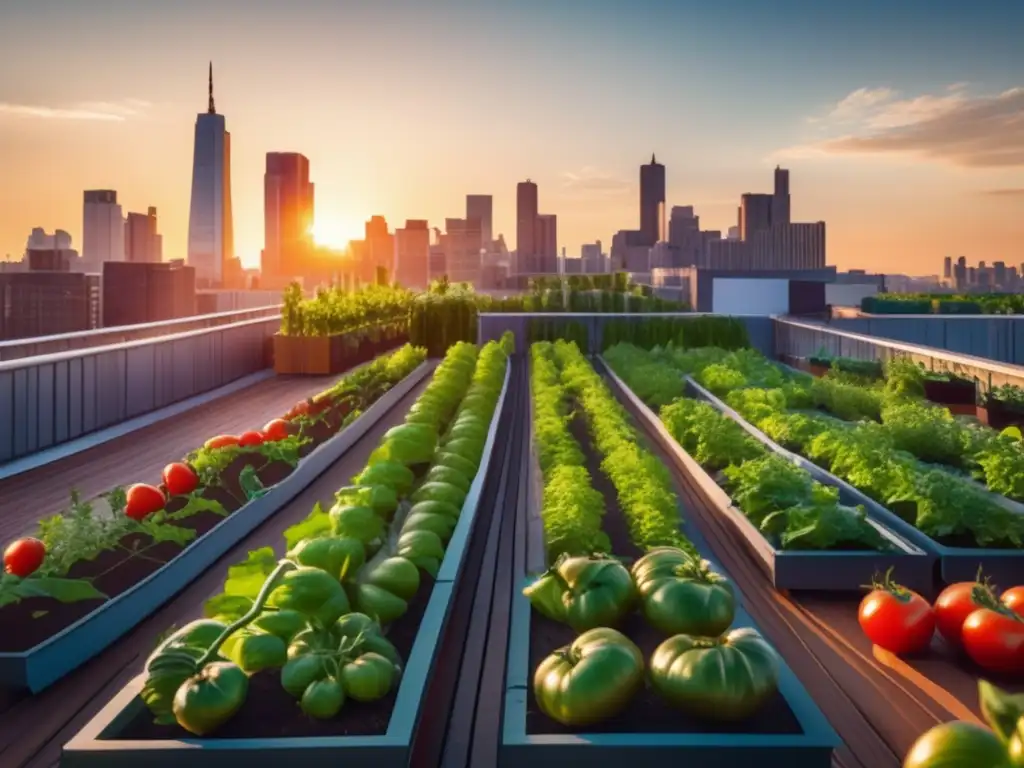 Cultivar vegetales en la ciudad: los mejores 10 - Jardín de terraza urbana con tomates vibrantes y skyline