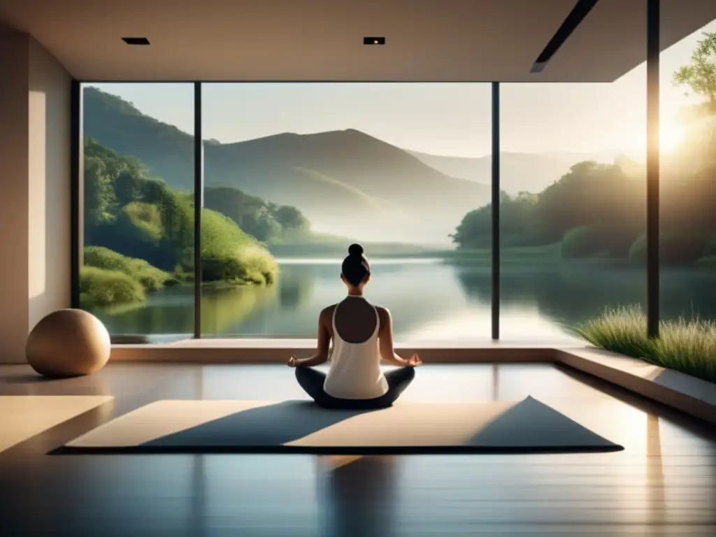 Beneficios de meditación en emergencias: Escena serena de una habitación minimalista para meditar, con una vista panorámica relajante al aire libre