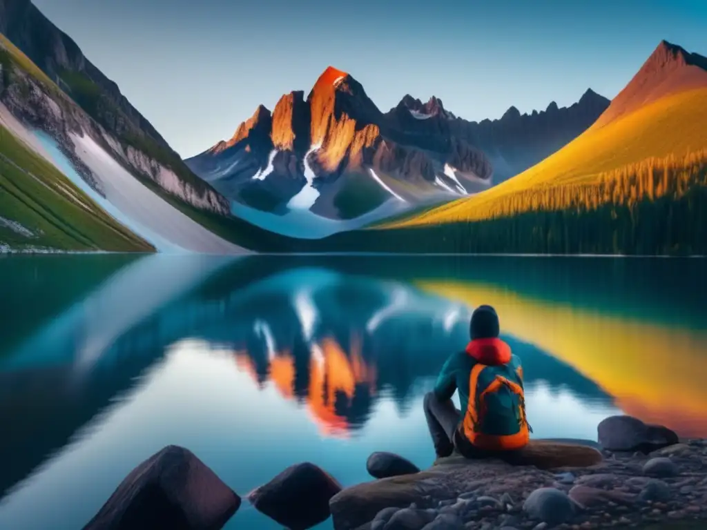 Paisaje montañoso al atardecer: purificación de agua con pañuelo -