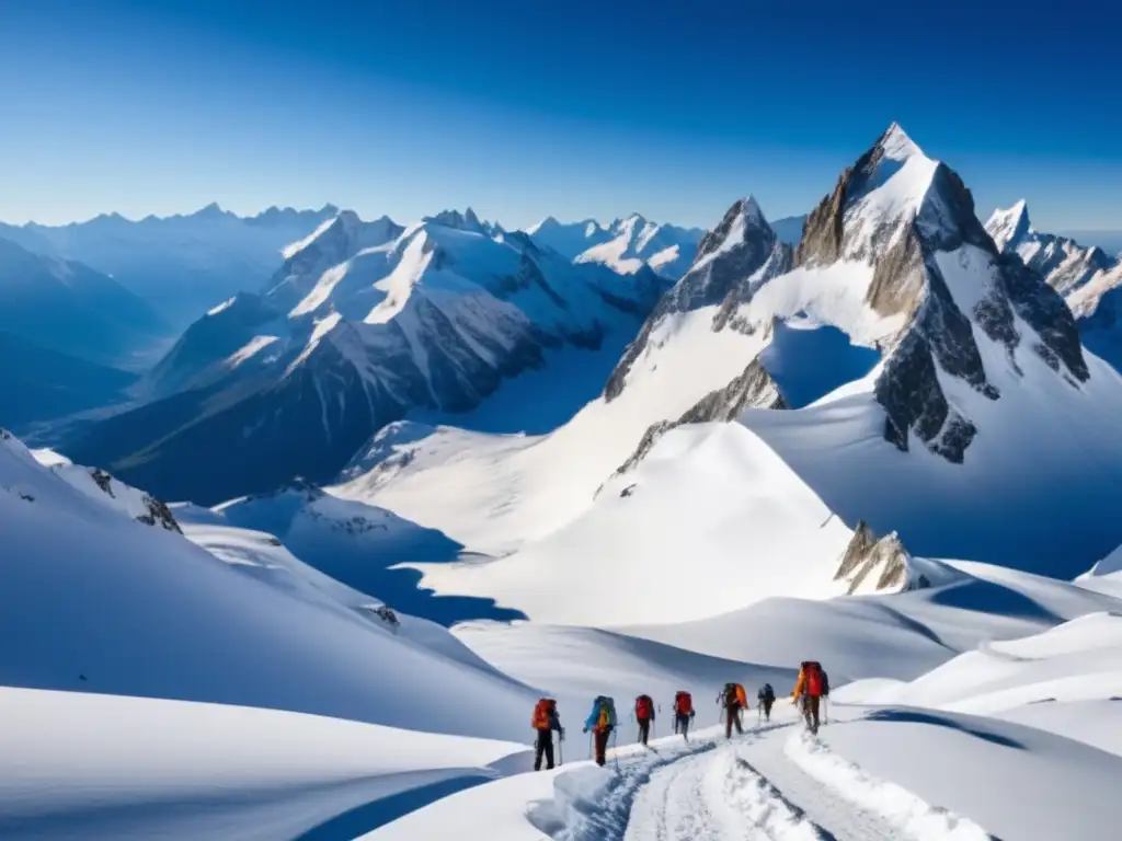 Supervivencia en avalanchas: Orientación eficaz en montañas nevadas, con montañeros y equipo de seguridad navegando con precaución