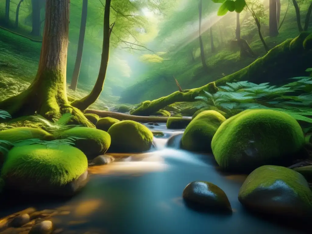 Naturaleza serena con árboles majestuosos, agua cristalina y flores vibrantes