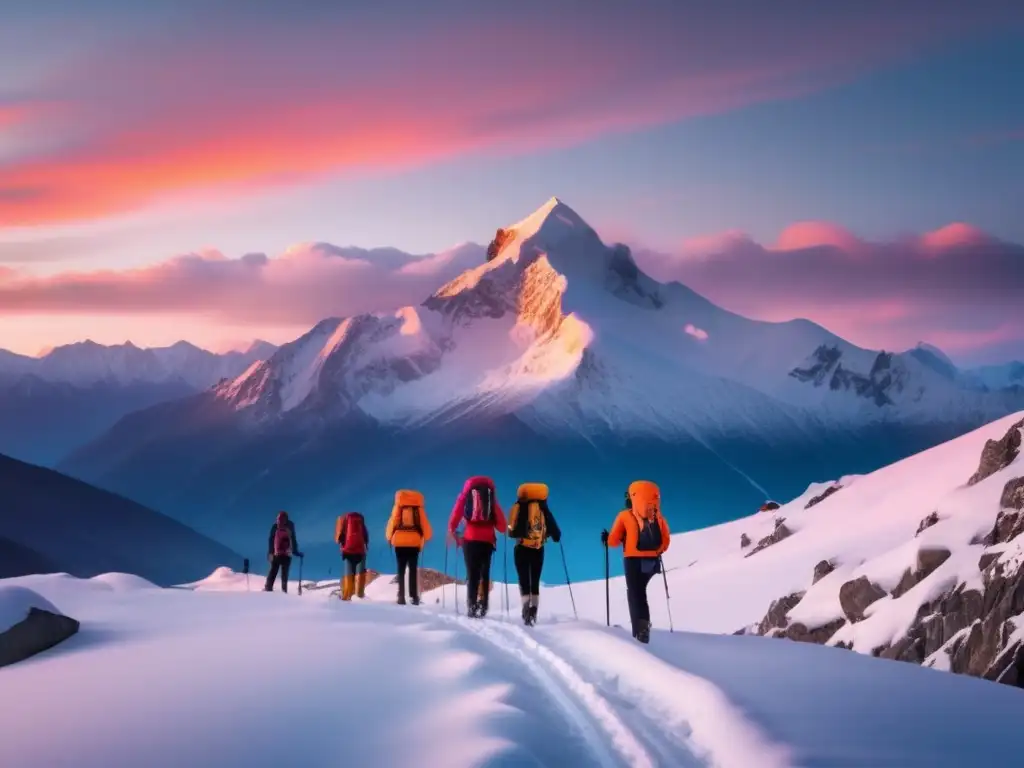 Hikers trudgen en paisaje montañoso nevado al atardecer, con trat