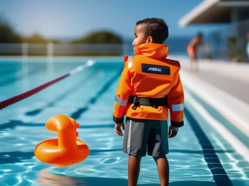 Niño emocionado en piscina con chaleco naranja - Primeros auxilios ahogamiento actuación rápida