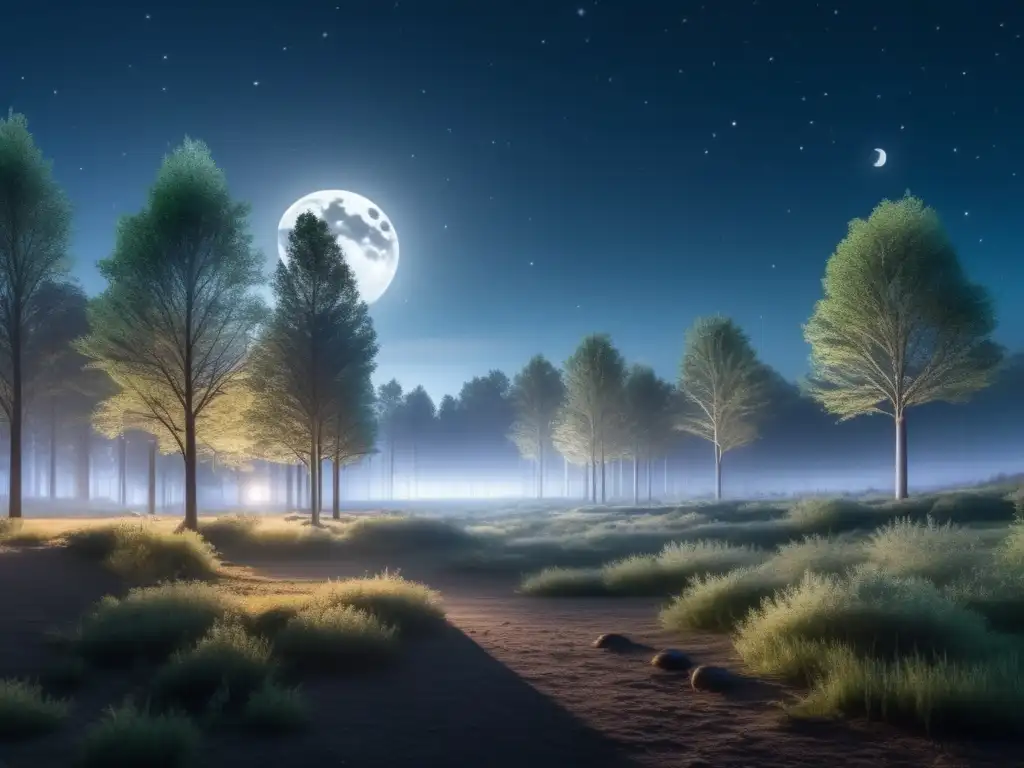 Imagen de un bosque nocturno sereno en 8k, transmitiendo tranquilidad y paz