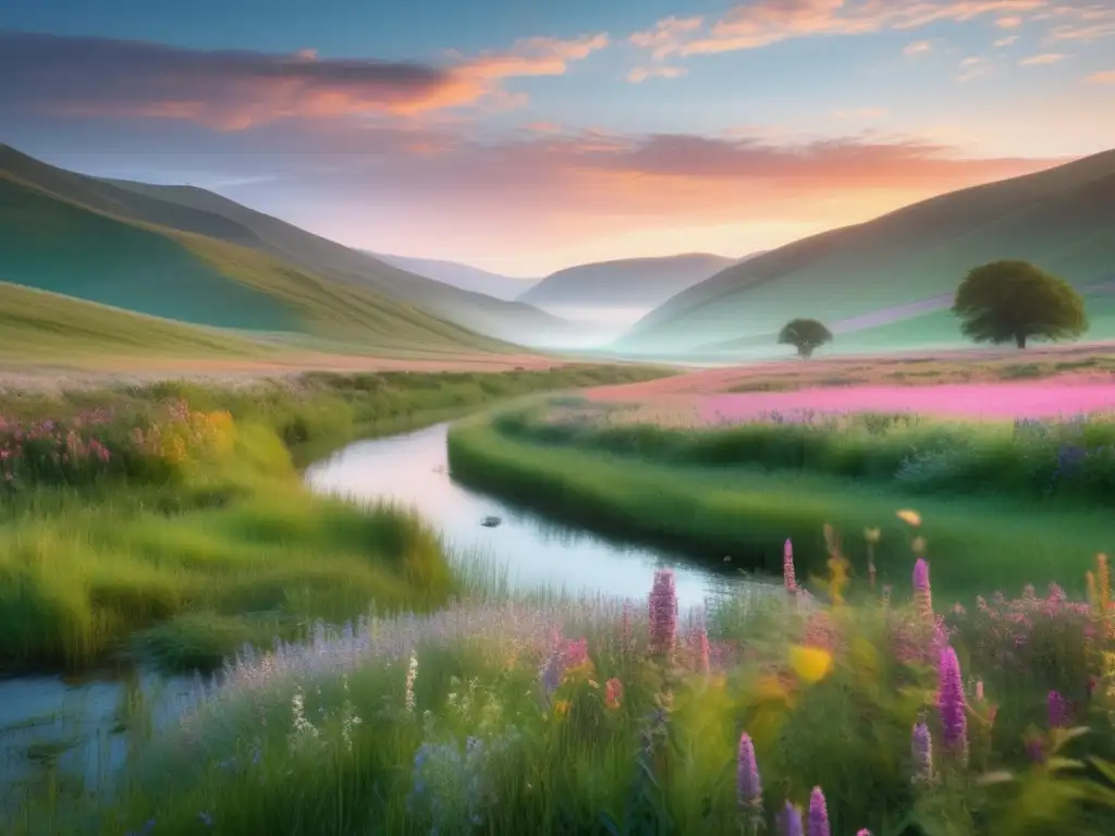 Paisaje sereno al amanecer con campo verde, flores vibrantes, río tranquilo y cielo pastel