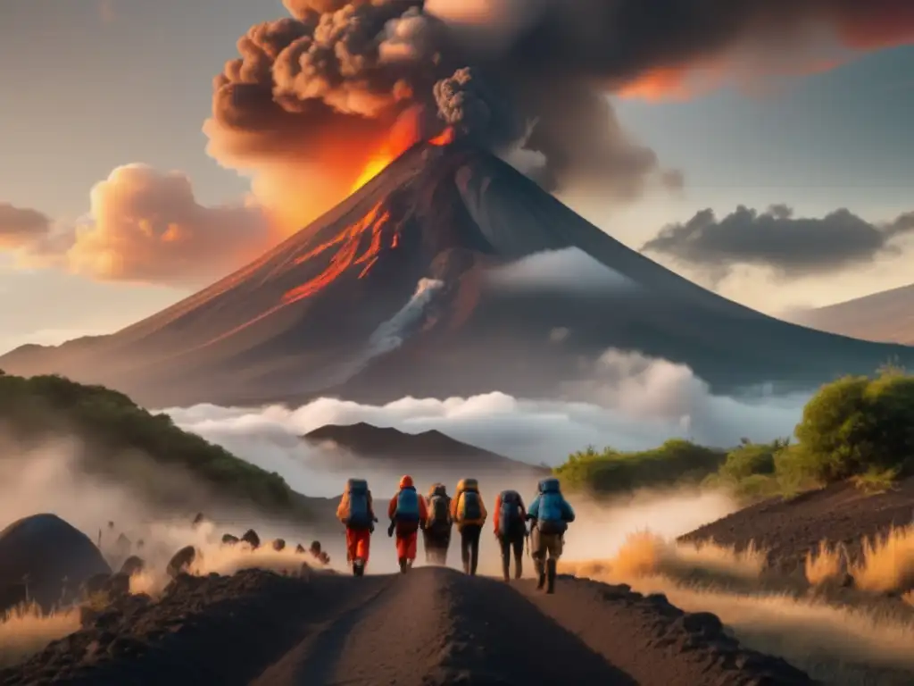 Preparación para erupción volcánica: paisaje sereno con majestuoso volcán, nubes de ceniza, refugios y personas preparadas