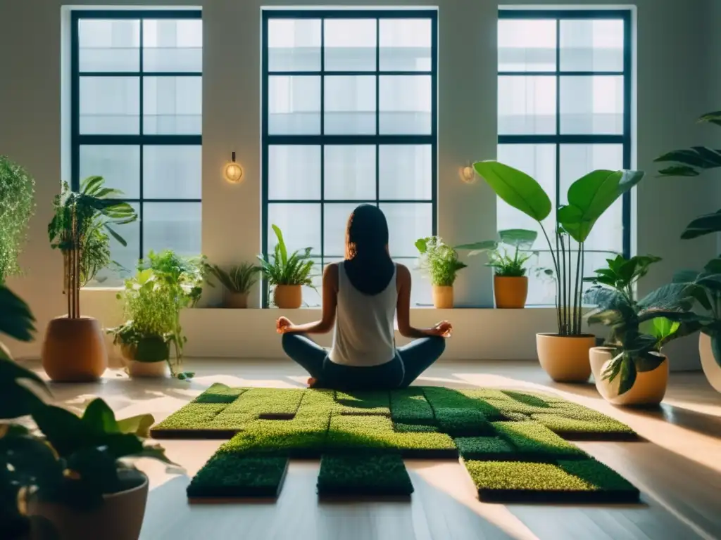 Persona resolviendo puzzle en habitación minimalista, rodeada de plantas y luz natural