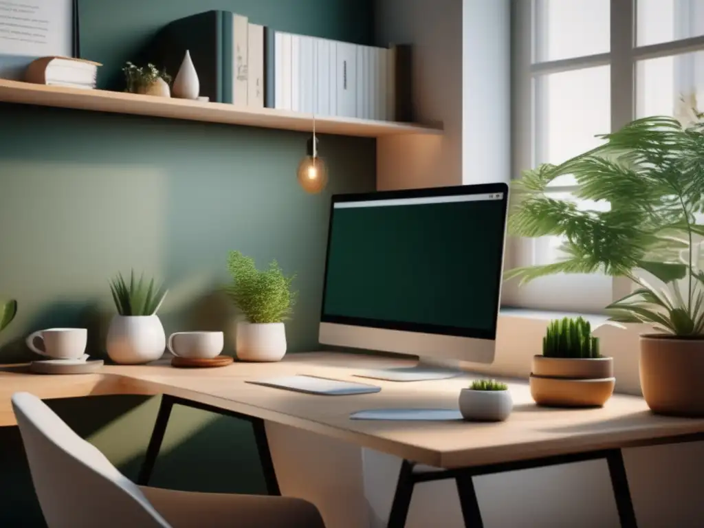 Espacio de trabajo sereno y organizado con 8k de detalle, luz natural y elementos esenciales como laptop, notas y té