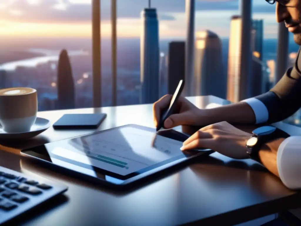 Profesional trabajando en moderno escritorio Ejercicios resiliencia financiera preparacionismo: profesional trabajando en una moderna y elegante oficina