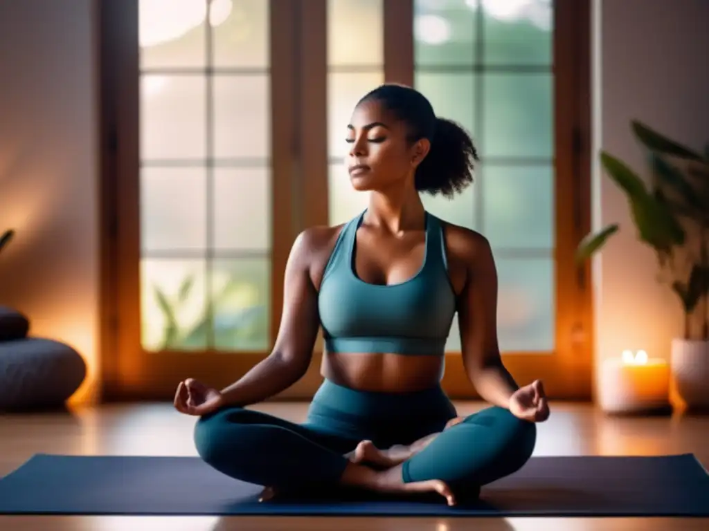 Persona en postura de yoga en sala luminosa y relajante con elementos para la relajación y decoración minimalista