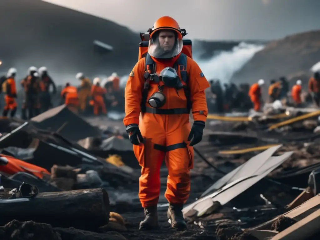 Persona en traje naranja en escena caótica de emergencia