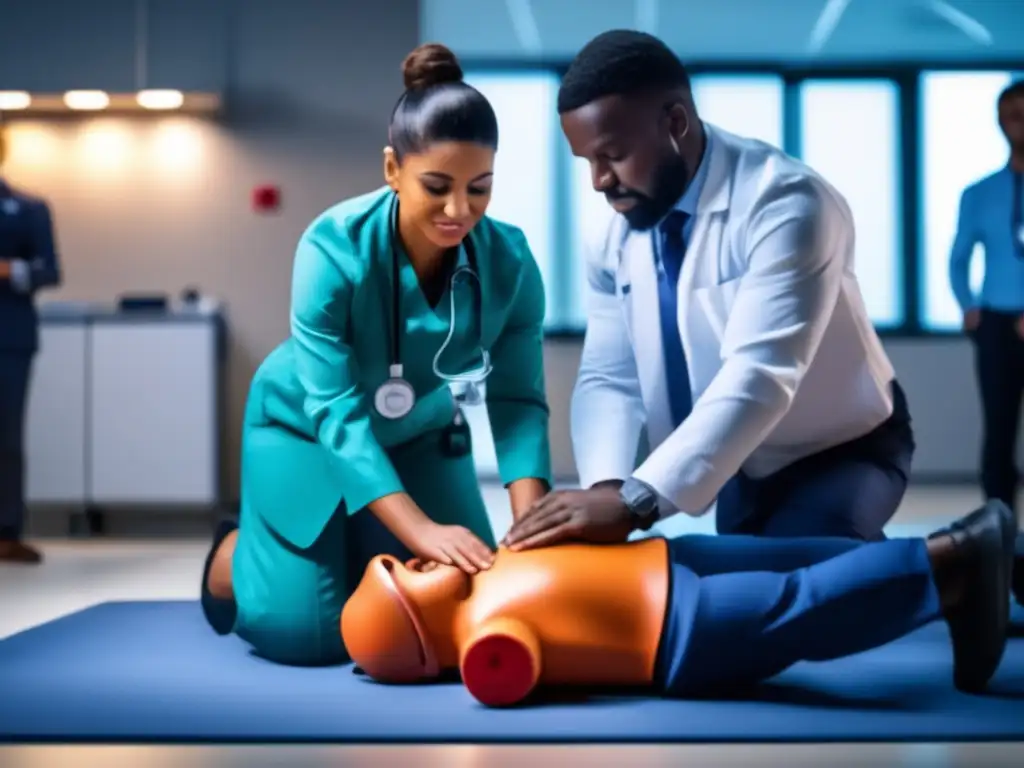 Técnicas primeros auxilios emergencia supervivencia: CPR en una sala con equipos médicos, persona realizando compresiones en el pecho, otro observando