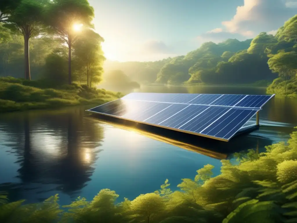 Hermosa imagen 8k muestra río sereno en bosque exuberante, con sistema solar de purificación de agua - Métodos caseros purificación agua preppers