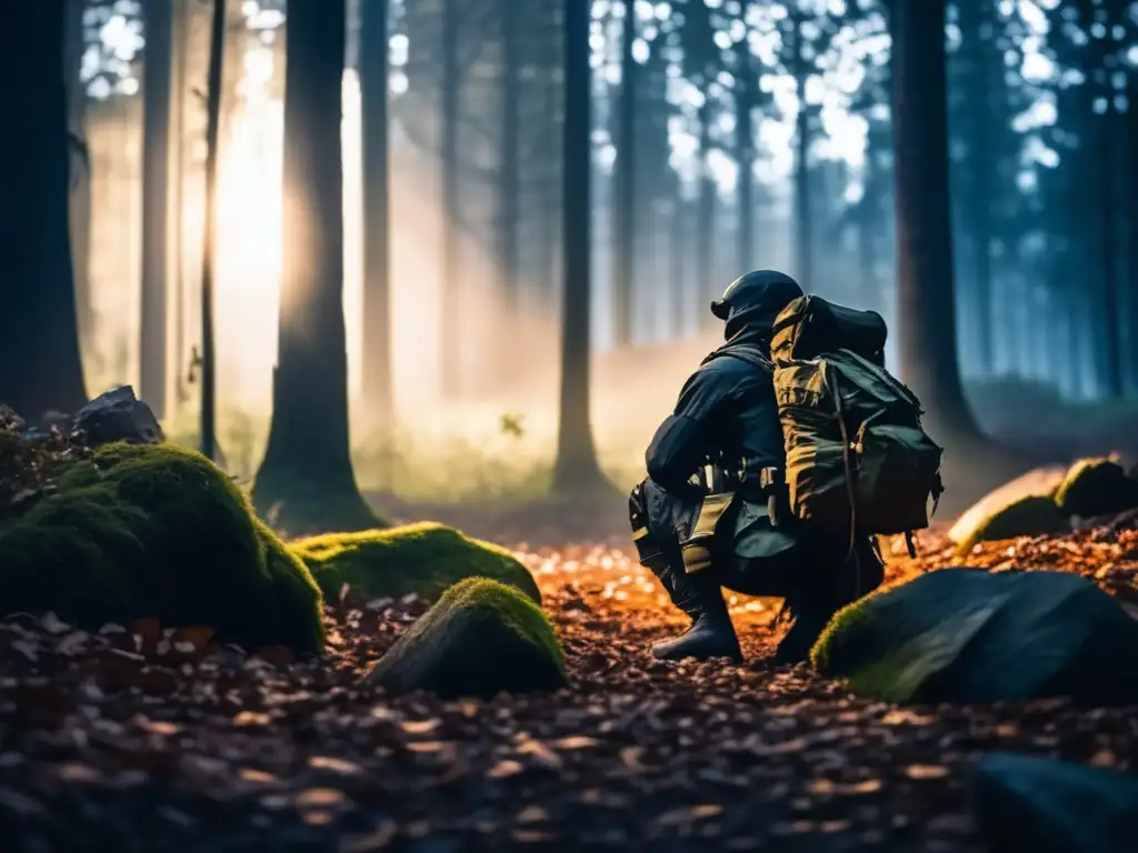 Técnicas de huida para preppers expertos en un bosque oscuro al atardecer con figura camuflada en táctica