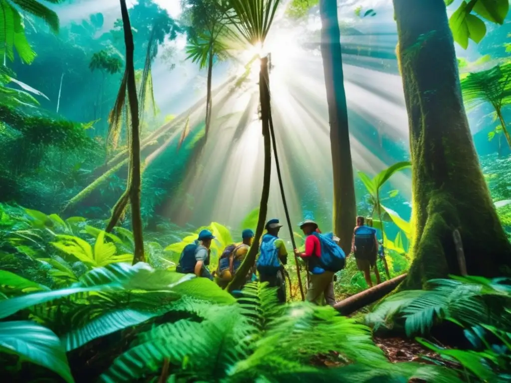 Talleres prácticos de supervivencia en selva: densa jungla con vegetación exuberante, árboles altos, luz filtrada y participantes enfocados