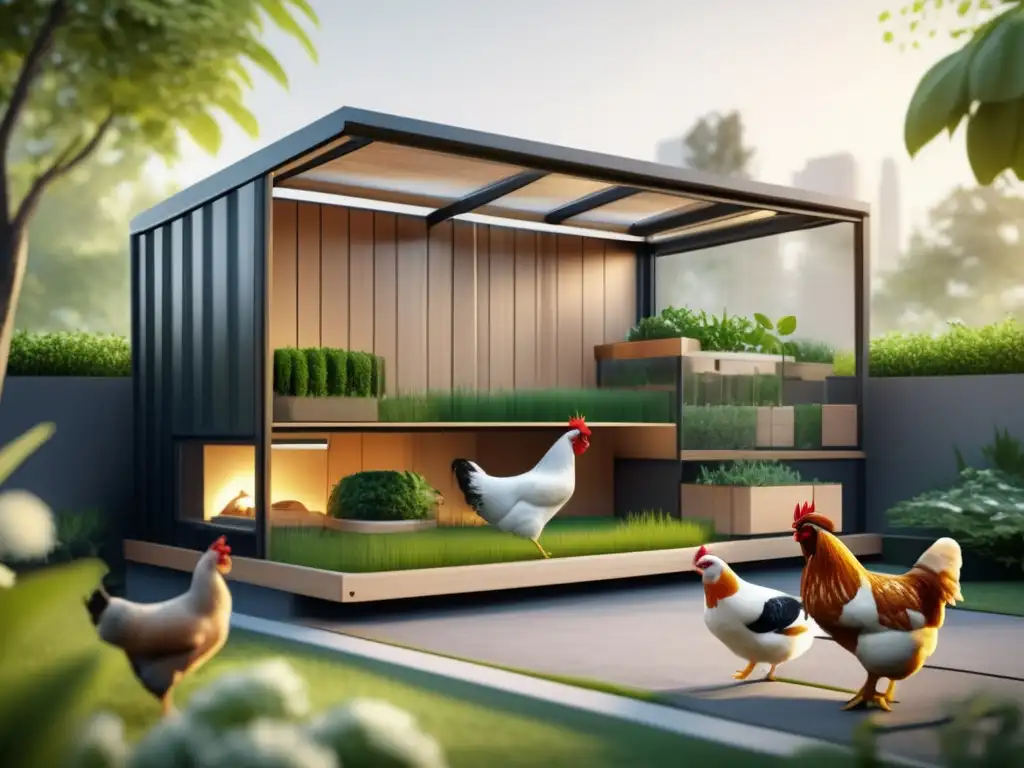 Beneficios gallinas urbanas en imagen de gallinero moderno con diseño minimalista, hens saludables y colores vibrantes