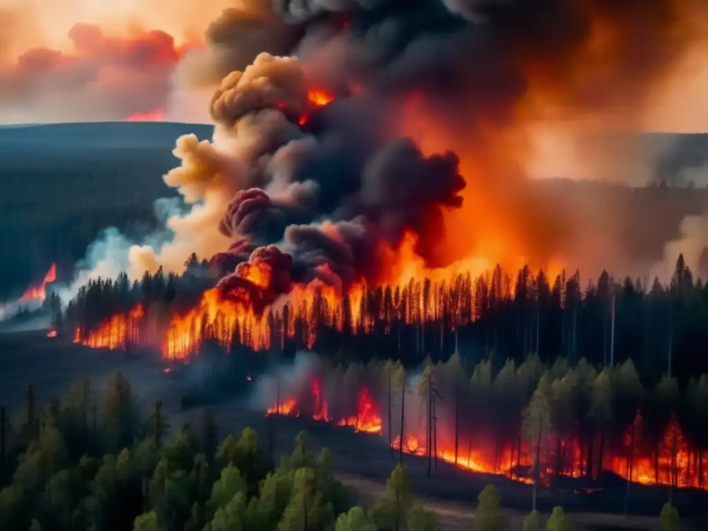 Señales de humo en emergencias: Bosque en llamas, perspectiva aérea, fuego intenso, humo oscuro, paisaje amenazante