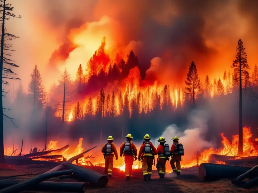 Preparación evacuación incendios forestales, intensa imagen de un bosque en llamas, bomberos combaten el fuego