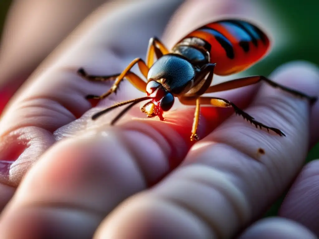 Tratamiento de emergencia para mordeduras y picaduras: mano inflamada con picadura de insecto