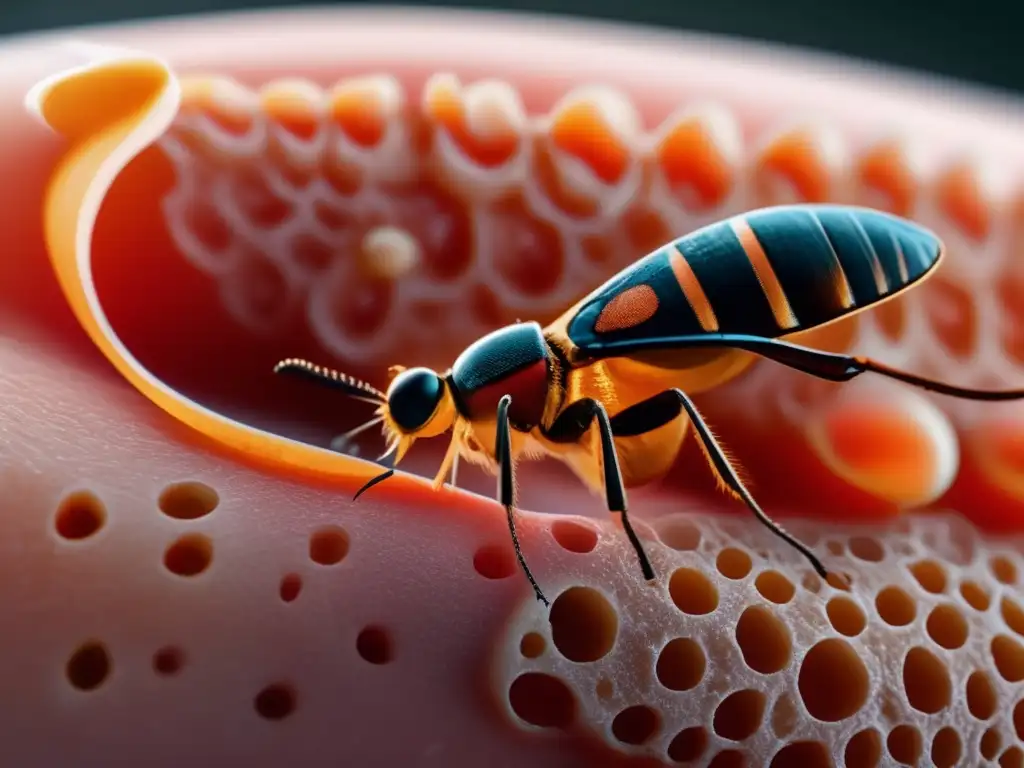 Tratamiento picadura insecto primeros auxilios: Detalle enrojecido de picadura de insecto en el brazo, con marcas de punción y reacción alérgica