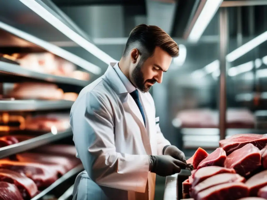 Profesional inspeccionando carne en frío extremo para conservación en situación extrema