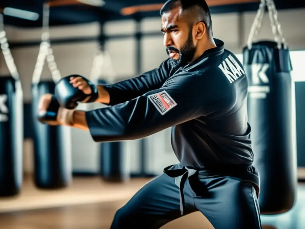 Instructor experto de Krav Maga muestra técnicas poderosas de golpes y patadas en moderno gimnasio