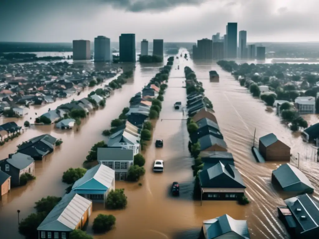 Escena de inundación urbana con edificios sumergidos y personas evacuando - Técnicas de supervivencia en inundaciones