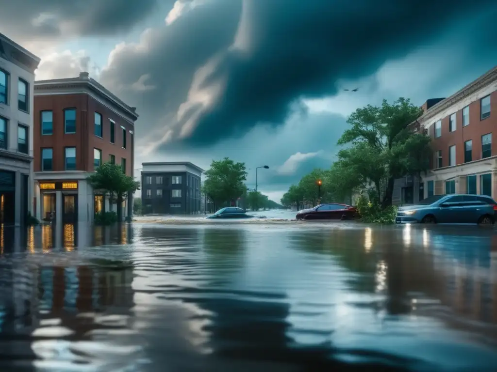 Desastre urbano: Calle sumergida, edificios y ayuda en inundación