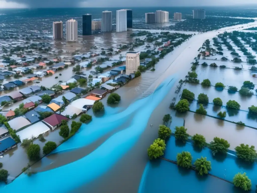 Resiliencia ante impacto ambiental desastre, ciudad inundada y devastada