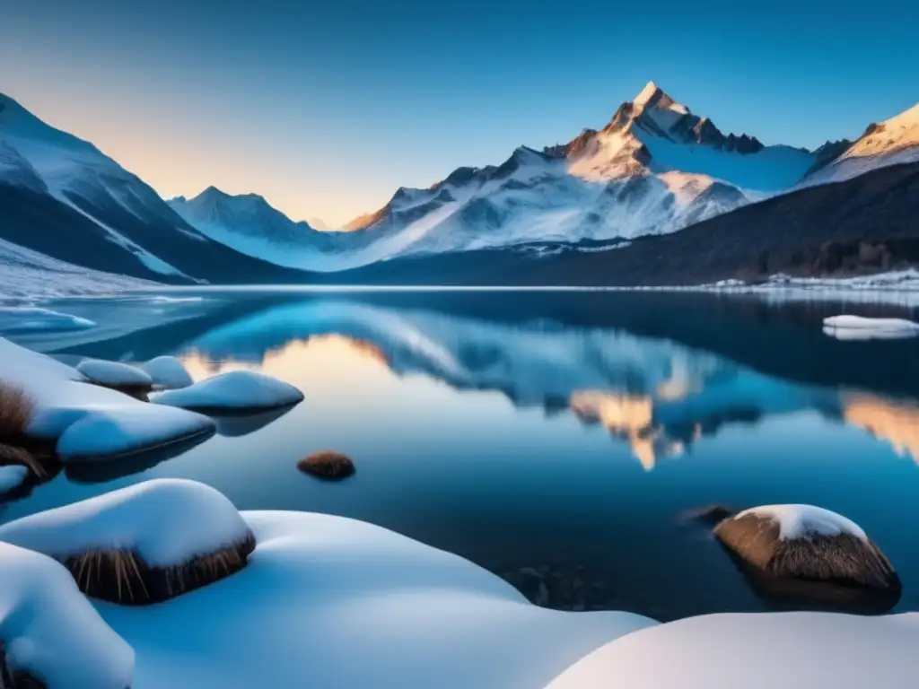 Paisaje invernal de montañas nevadas, con lago helado y figura preparada para el frío extremo