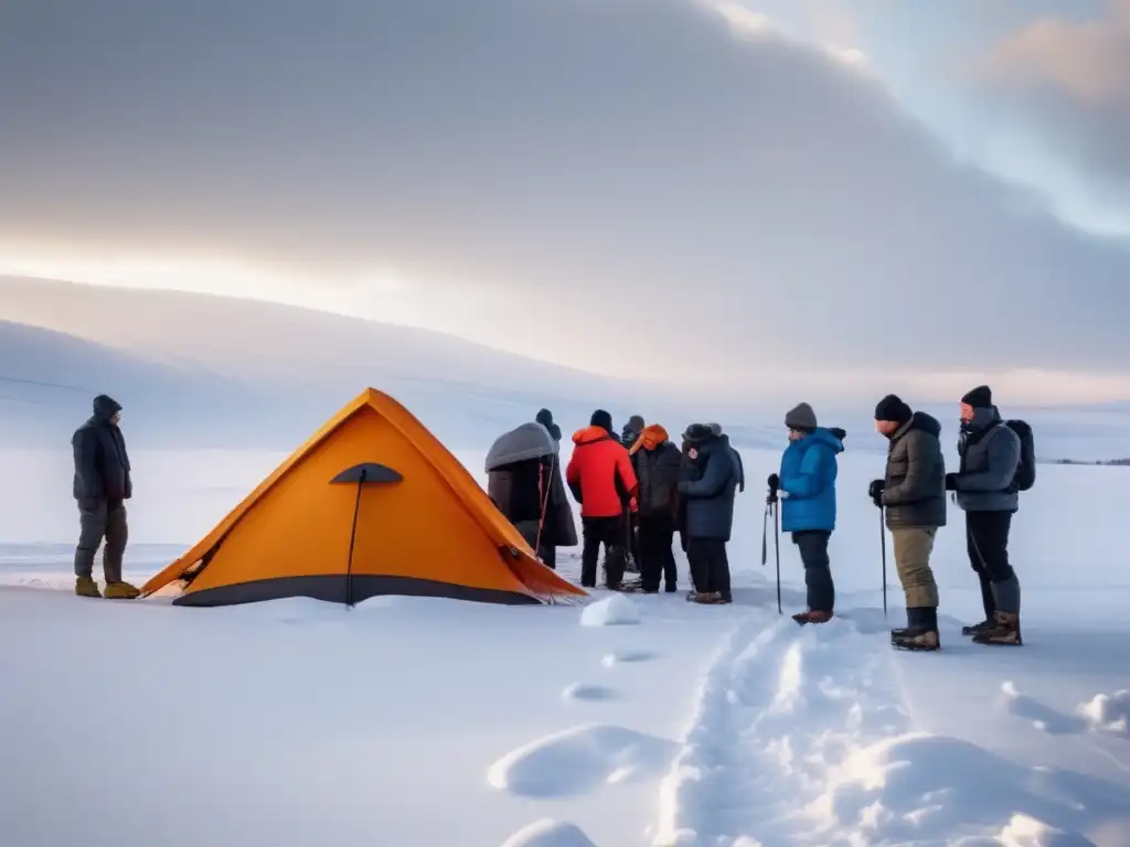 Técnicas de supervivencia en hielo y nieve: Grupo de personas construyendo refugios en la nieve, protegidos del frío y viento en un paisaje invernal