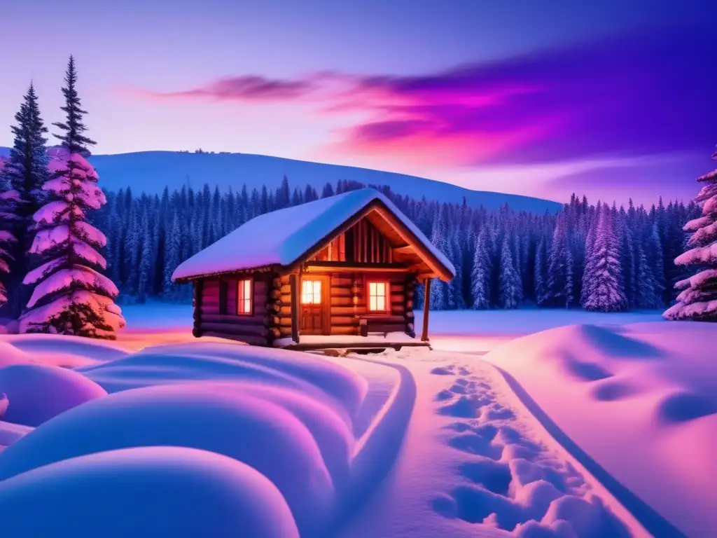 Paisaje invernal con cabaña entre pinos, cielo rosa, huellas, preparación para invierno extremo