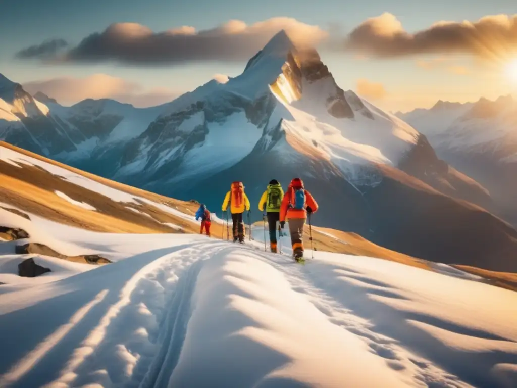 Paisaje invernal de montaña con montañeros y seguridad en avalanchas