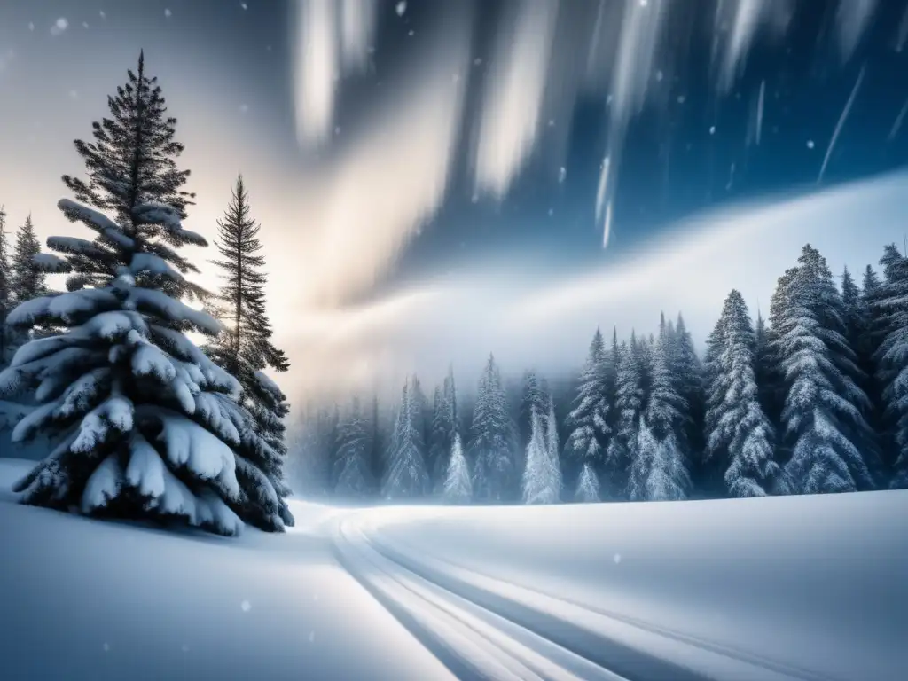 Guía supervivencia tormenta nieve: paisaje invernal detallado, bosque nevado, pinos altos y delgados cubiertos de nieve, cielo con copos