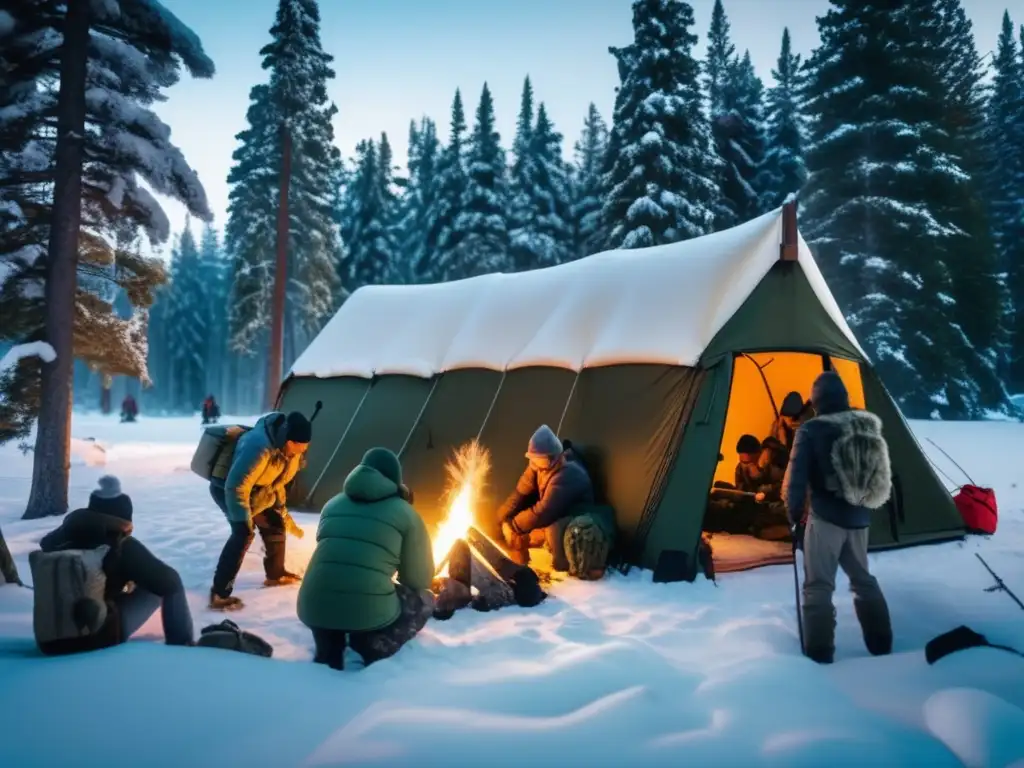 Talleres de supervivencia en invierno para preppers, grupo diverso aprendiendo técnicas en un bosque nevado