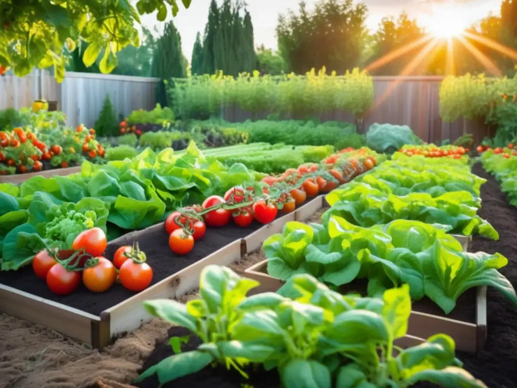 Abundancia y belleza de cultivar alimentos en casa: huerto vibrante, tomates, lechugas, hierbas aromáticas y moderno invernadero