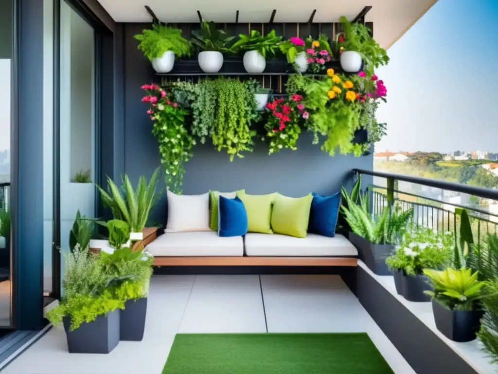 Jardinería en contenedores para espacios pequeños: balcón moderno con plantas de crecimiento vertical, colgantes y de raíces poco profundas