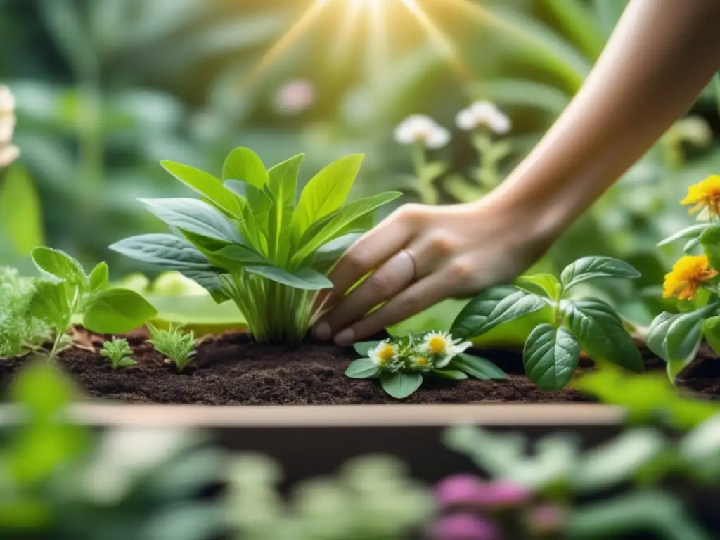 Jardín herbal sereno y moderno con plantas y flores exuberantes