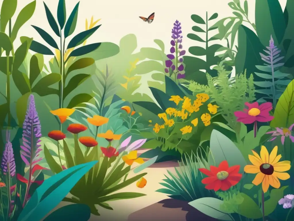 Ilustración vibrante de un exuberante jardín con plantas medicinales