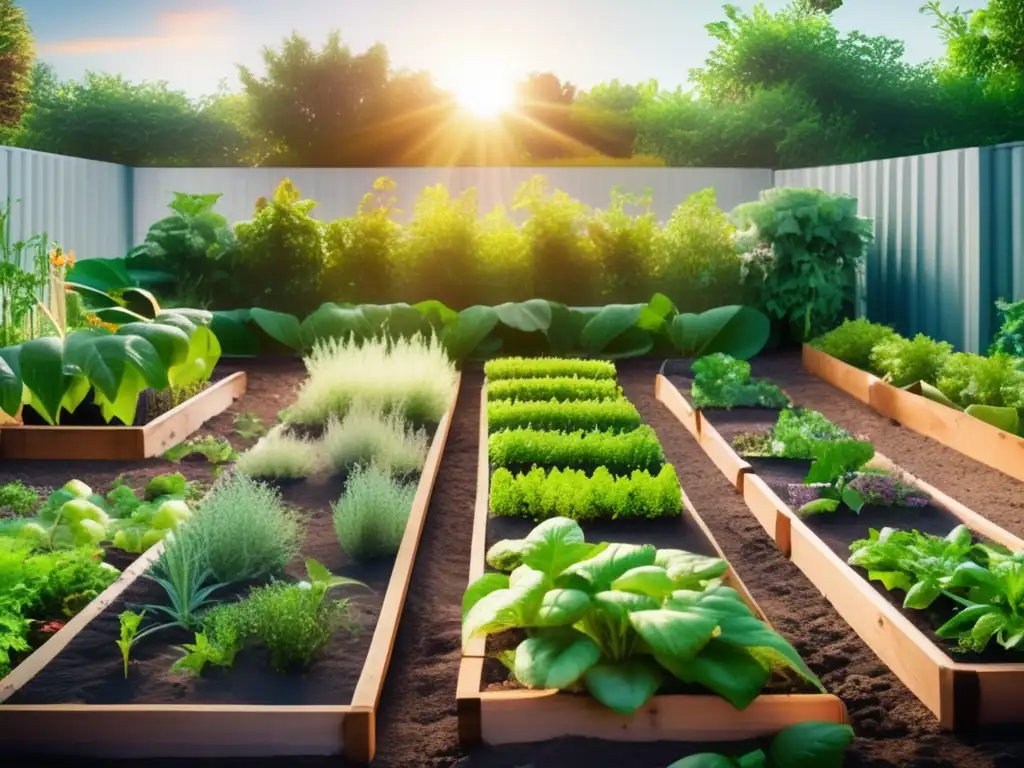 Huerto de supervivencia con vegetales, frutas y hierbas en un jardín cercado de materiales naturales