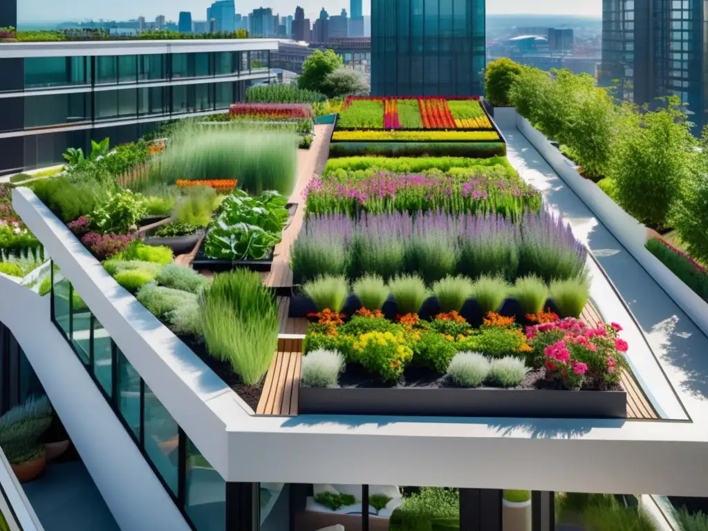 Beneficios de cultivar huerto en azotea: jardín moderno y ecológico con verduras, hierbas y flores vibrantes, rodeado de estructuras contemporáneas