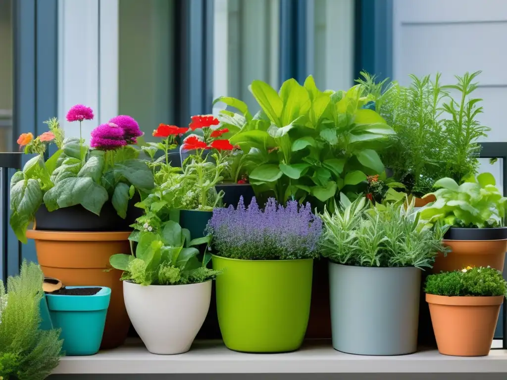 Jardinería en contenedores para espacios pequeños: balcón moderno con plantas vibrantes, organización y luz dorada