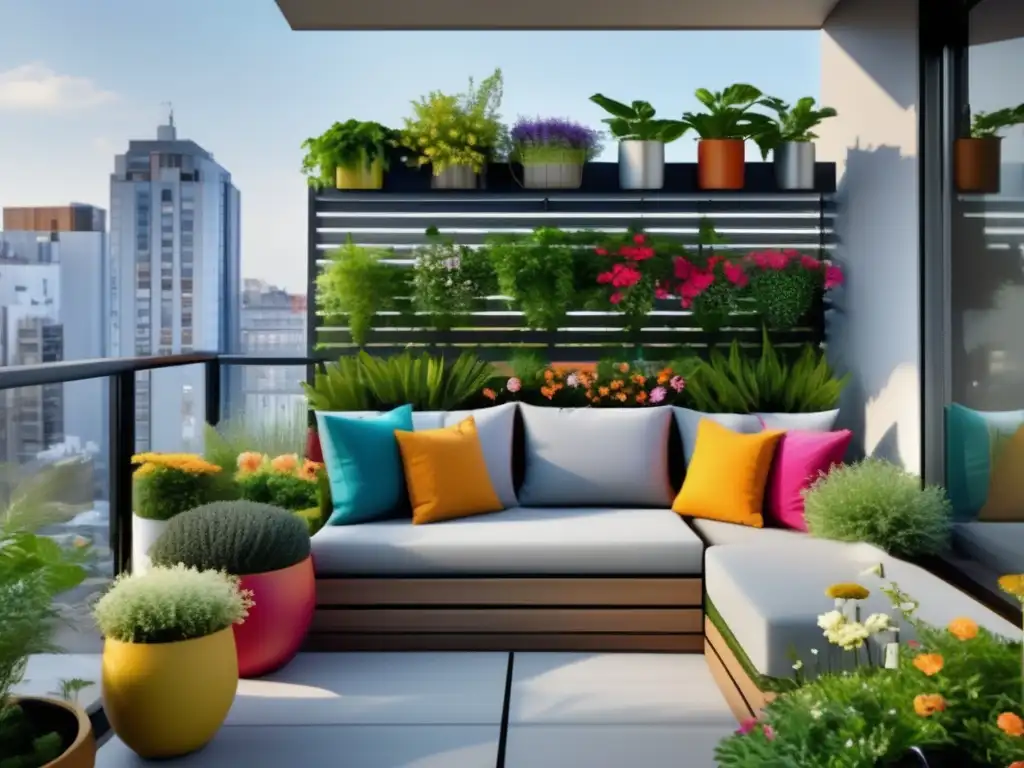 Jardinería en contenedores: diseño moderno de balcón urbano con plantas vibrantes, muebles elegantes y espacio funcional