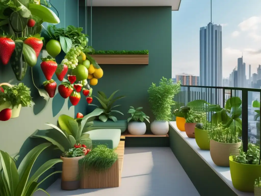 Guía completa: Cultivo frutas espacios reducidos, moderno balcón urbano lleno de vegetación frondosa y diversas plantas frutales