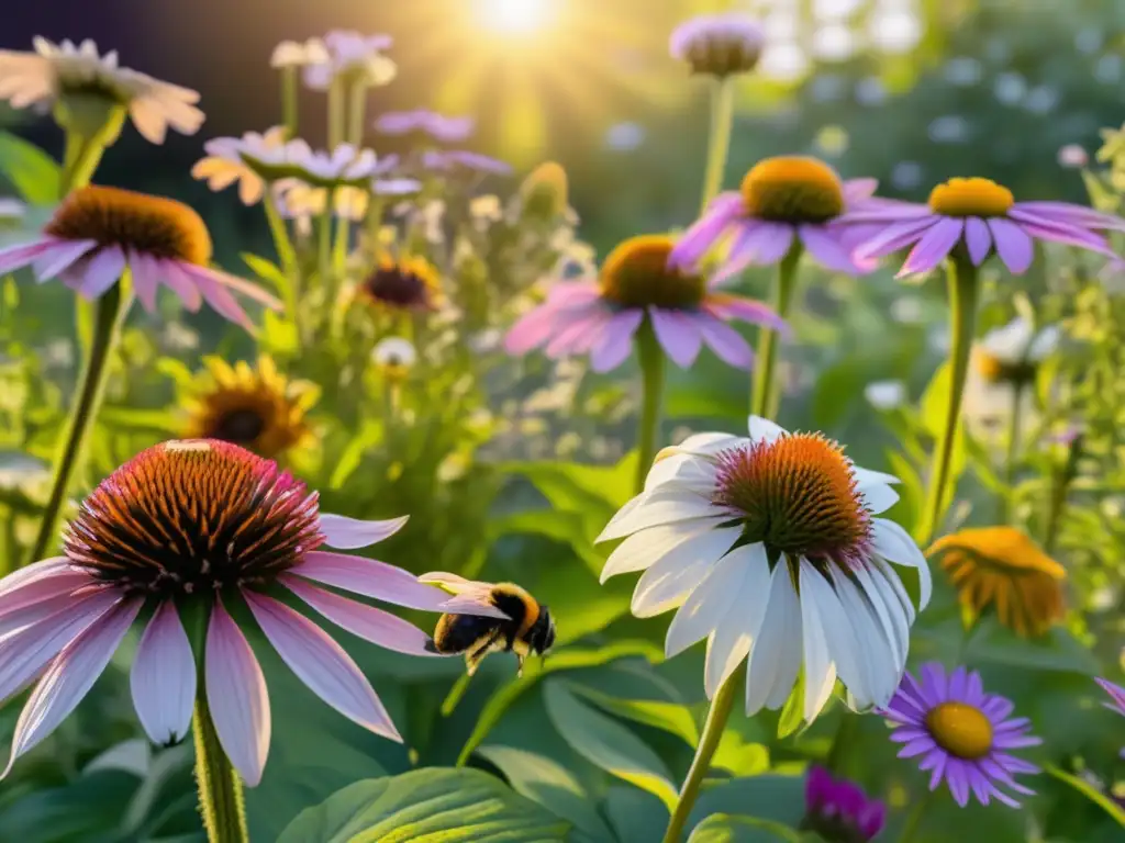 Uso responsable de antibióticos en supervivencia: Jardín herbal vibrante y sereno, lleno de plantas medicinales coloridas y exuberantes